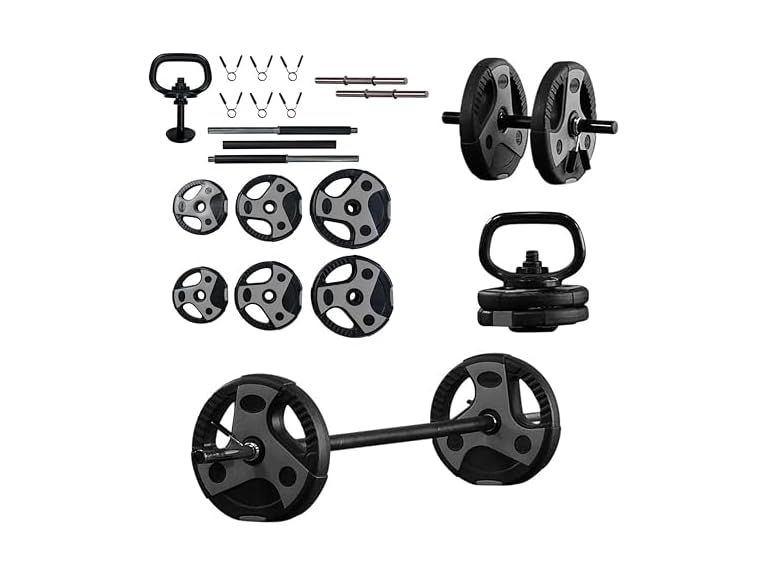 43-Lb Adjustable Weight Set w/ 55" Barbell, Dumbbell & Kettlebell Handle Deal