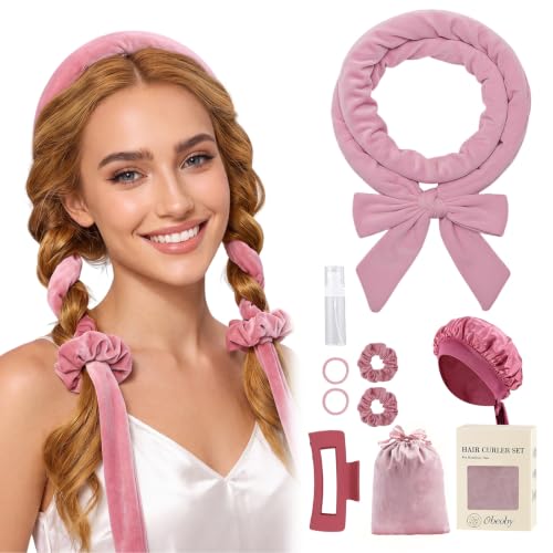 Obeoby Heatless Curls Overnight Set with Sleep Bonnet, Pink