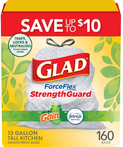 Glad ForceFlex Tall Kitchen Drawstring Trash Bags, 13 Gallon, 160 Count Deal
