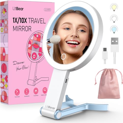 LitBear Rechargeable 10X/1X Lighted Travel Makeup Mirror