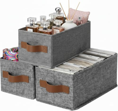 3-Pack Small Fabric Storage Bins w/ PU Handles (Gray)