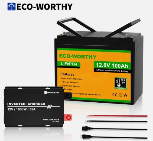 Eco-Worthy 12V 100Ah LiFePO4 Lithium Battery + 12V / 1000W / 55A Pure Sine Wave Inverter Charger