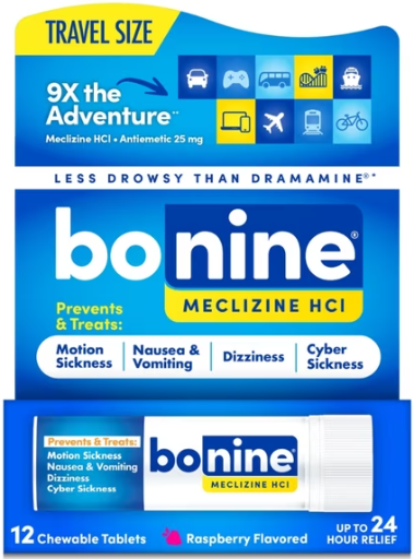 Bonine Motion Sickness and Nausea Travel Pack, Raspberry Chewable Tablets, 12 Count Deal