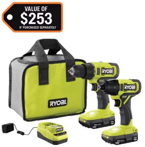 RYOBI ONE+ 18V Cordless 2-Tool Combo Kit with Drill/Driver, Impact Driver, (2) Compact Batteries, and Charger