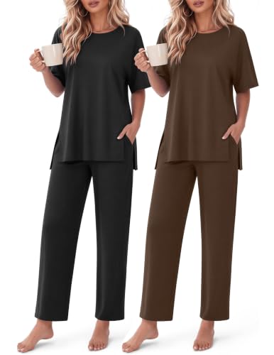 Ekouaer Women's 2-Piece Short Sleeve Top & Long Pants Lounge Set 2-Pack Deal