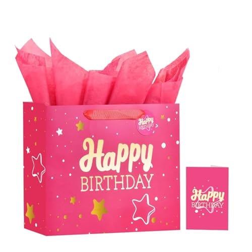 Powbrace 13" Pink Happy Birthday Gift Bag with Tissue Paper and Greeting Card Deal