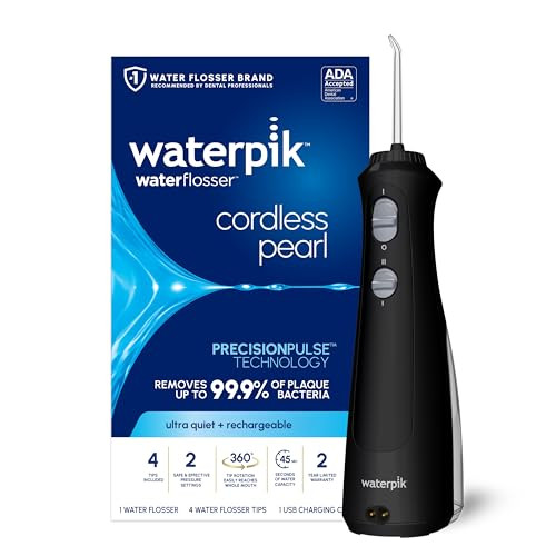 Waterpik Cordless Pearl Rechargeable Portable Water Flosser with 4 Flossing Tips (Black)