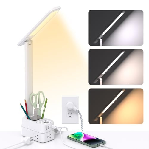 LED Desk Lamp with Pen Holder, 3 Outlets 4 USB Charging Ports (2 USB-C), 3 Color Modes