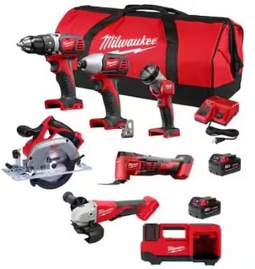 Milwaukee M18 18-Volt Lithium-Ion Cordless Combo Kit (6-Tool) w/ 2-Batteries, Charger & Tool Bag & M18 Inflator Deal
