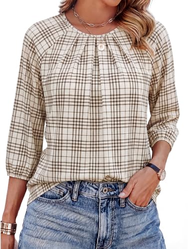 WIHOLL 3/4 Length Sleeve Pleated Front Crew Neck Dressy Casual Business Casual Spring Summer Shirts