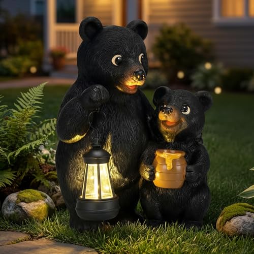 Garden Bear Statues 8.9'' Mother and Baby Bear Figurines with Solar Lantern