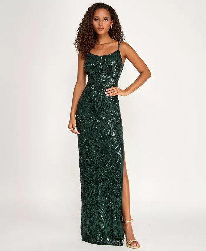 Emerald Sundae Juniors' Sequined Side Slit Gown
