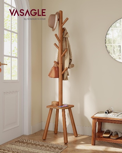 VASAGLE Coat Rack 69.2 Inch Tall with 8 Hooks and Storage Shelf