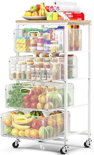 SUNALLY 4-Tier Rolling Kitchen Cart w/ Drawers & Lockable Wheels