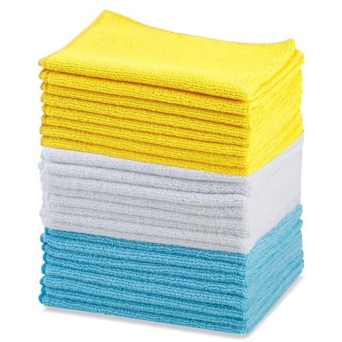 Amazon Basics Microfiber Cleaning Cloths 16″ x 12″, Blue/White/Yellow, 24-Pack Deal
