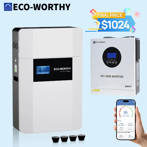ECO-WORTHY 5.12kWh 48V 100Ah Wall-Mount Battery + 5kW 48V-120V Inverter