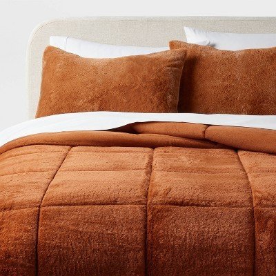 Box Stitch Faux Fur Comforter and Sham Set - Ivory Threshold (King or Full/Queen)