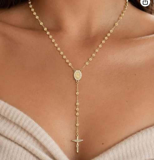 14K Gold Plated Mary Rosary Bead Cross Necklace
