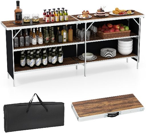 Costway 6.75' Aluminum Portable Picnic Table w/ 2-Tier Open Storage Shelves & Cloth Side Screen Deal