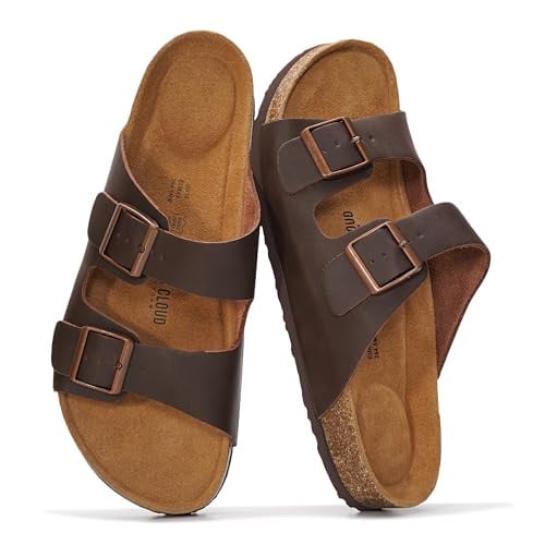 Leather Mens Sandals - Memory Foam Insole & Cork Footbed Slides Deal