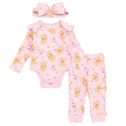 Disney Winnie the Pooh Newborn to 24 Months! Baby Girls Ribbed Bodysuit, Jogger Pants and Headband 3 Piece Outfit Set Soft Pink