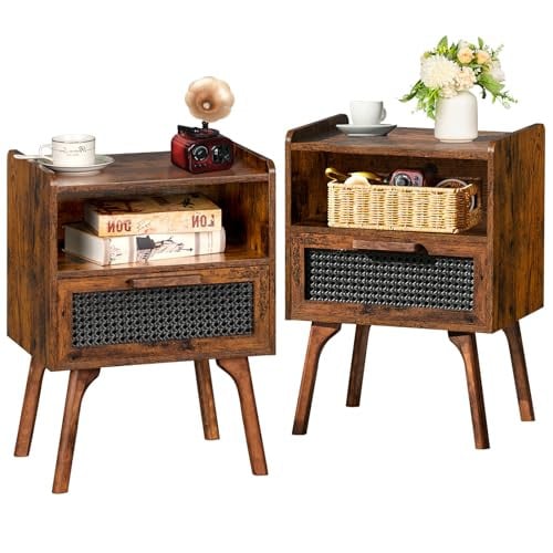 2-Pack Lerliuo Boho Rattan Wooden Legs Nightstands w/ Drawer & Open Shelf