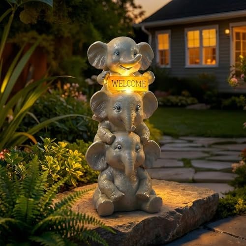 Lyeasw Solar Elephant Garden Statue with Lighted Welcome Sign