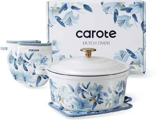 CAROTE 5QT Cast Iron Dutch Oven with Gloves and Pot Pad, 9.5-Inch Round