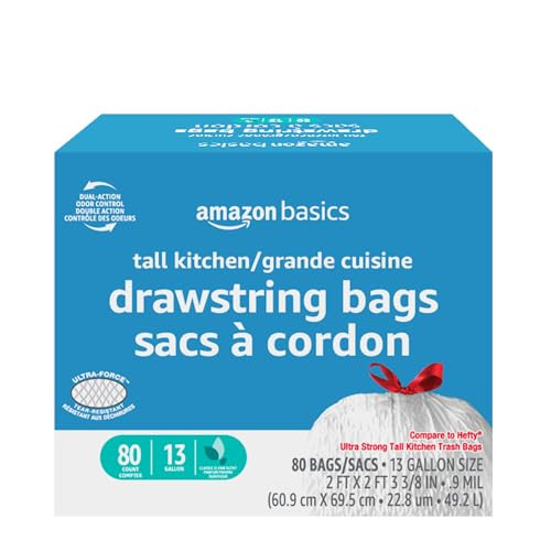 Amazon Basics Ultra-Force Tall Kitchen Drawstring Trash Bags, Classic Clean Scented, 13 Gallon, 80 Count