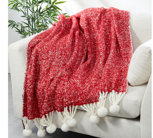 Emryn House Woven Herringbone Throw w/ Pompoms