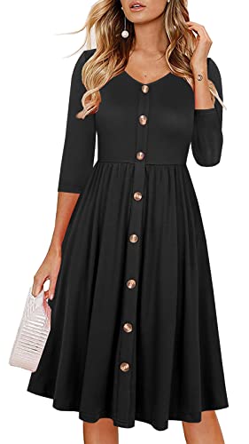 Lamilus Women's Casual Fall 3/4 Sleeve V-Neck Button Down A-Line Swing Party Dress (S, Black-026-3/4)