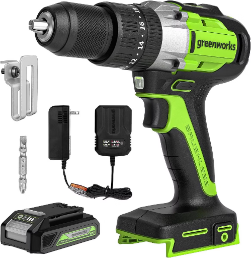 Greenworks POWERALL 24V Cordless Brushless 1/2" Hammer Drill 530 in-lbs. with 2.0Ah Battery and Charger Deal