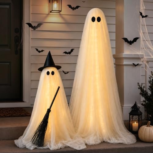 2-Pack Light-Up Spooky Ghost Witch Broom Halloween Decorations