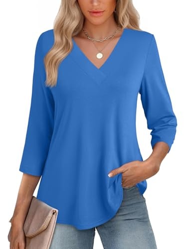 Womens 3/4 Length Sleeve Tops V Neck Curved Flowy