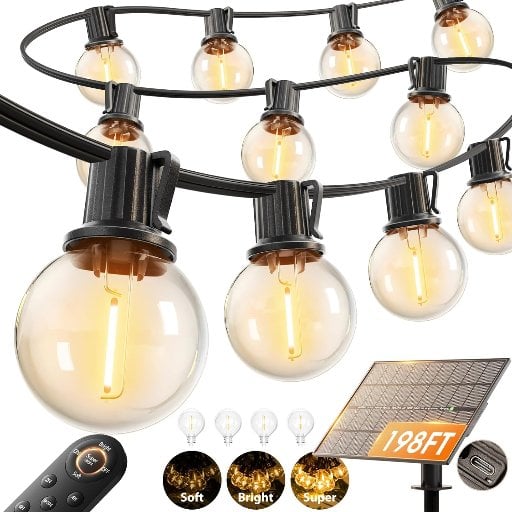 addlon 198' Outdoor Waterproof Solar String Lights w/ 60+4 G40 LED Shatterproof Bulbs