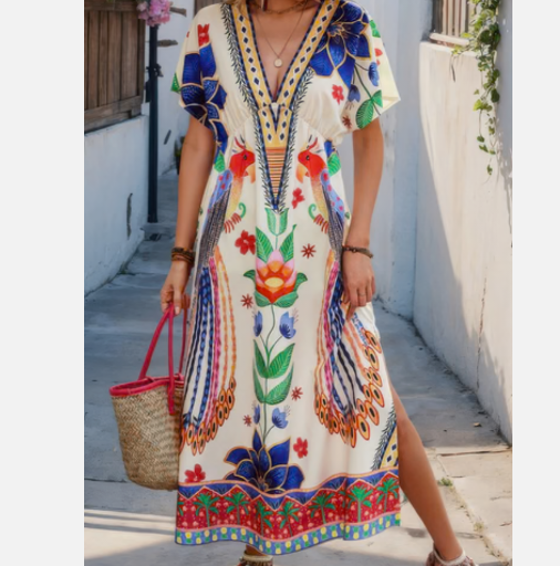 Floral Deep V-Neck Batwing Sleeve Fit Dress