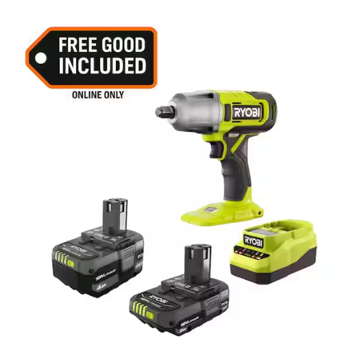 RYOBI ONE+ 18V Lithium-Ion Starter Kit with 2.0 Ah Battery, 4.0 Ah Battery, Charger and FREE ONE+ Cordless 1/2" Impact Wrench