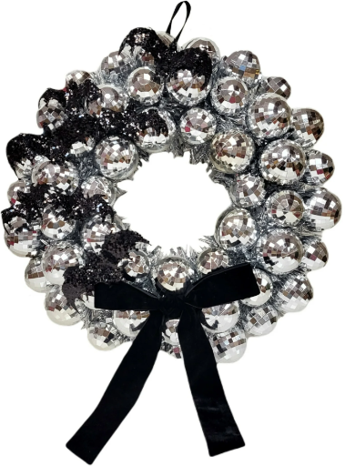 17" Way To Celebrate Disco Ball and Bats Wreath (Silver and Black)