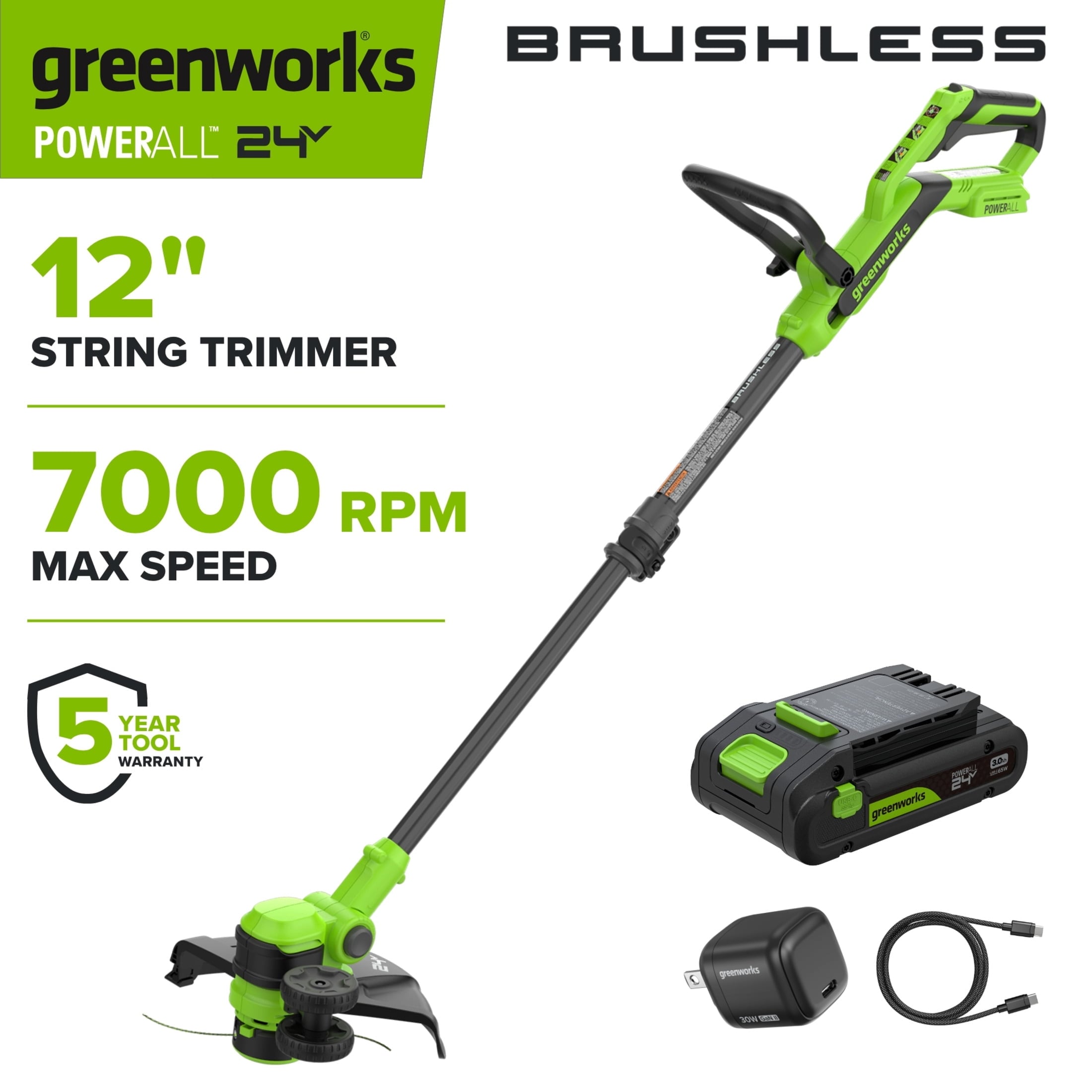 Greenworks PowerAll 24V Brushless 12" String Trimmer with 3.0 Ah USB-C Battery Deal