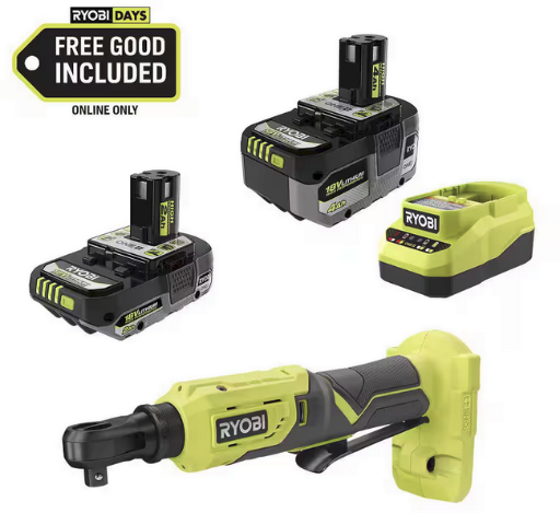RYOBI ONE+ 18V Cordless 3/8 in. Ratchet Kit with 2.0 Ah Battery, 4.0 Ah Battery Deal