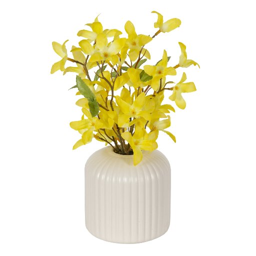 Better Homes & Gardens 10" Artificial Flower Yellow Forsythia in Ribbed off-White Ceramic Vase