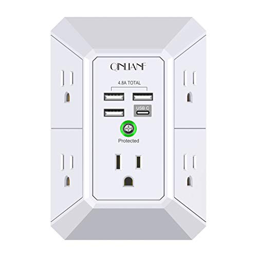 QINLIANF 3-Sided 3-Prong Surge Outlet Extender w/ 5x AC, 4x USB