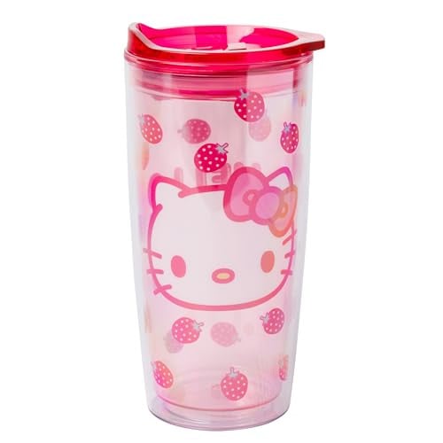 Silver Buffalo Sanrio Hello Kitty Strawberry 20-Ounce Double Wall Travel Tumbler w/ Slide Close Lid