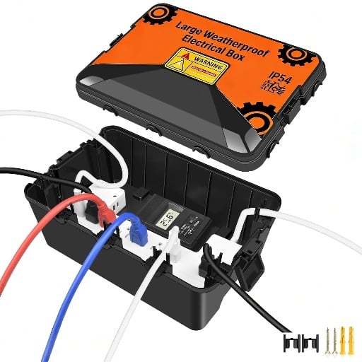 Large Outdoor Waterproof Electrical Box for Strips, Plugs, Timer, Black