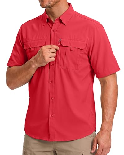 BETBO Men's Short Button-Down Sleeves Fishing Shirts w/ Zipper Pockets Deal