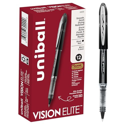 Uni-Ball Vision Elite Rollerball Pens Fine Point Micro Tip 0.5mm Black 12 Count
