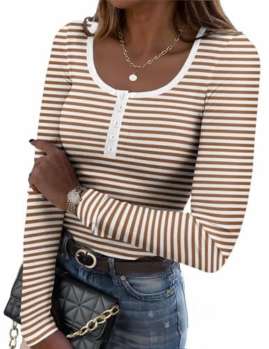 Zeagoo Long Sleeve Square Neck Basic Striped Ribbed Knit Tshirts