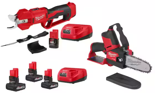 Milwaukee M12 Pruner Shears Kit w/ 2.0 Ah Battery & Charger, M12 HATCHET, (3) M12 HO 5.0 Ah Batteries Deal