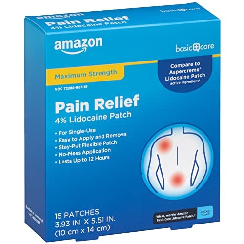 Amazon Basic Care Maximum Strength OTC Pain Relief 4% Lidocaine Patch 3.9” x 5.5” 15-Count