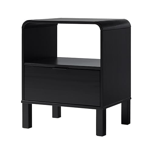 Walker Edison Modern Curved-Top Solid Wood 1-Drawer Nightstand with Open Cubby, 24 Inch, Black